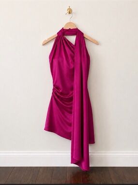 House of CB Magenta Halter Asymmetric Mini Dress